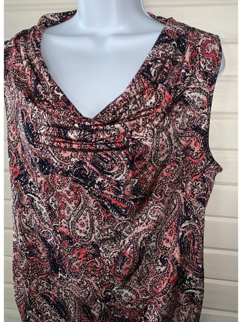 Dana Buchman Sz LARGE Pink Blue Paisley Top Tunic Tank Knit Draped Ruching EUC